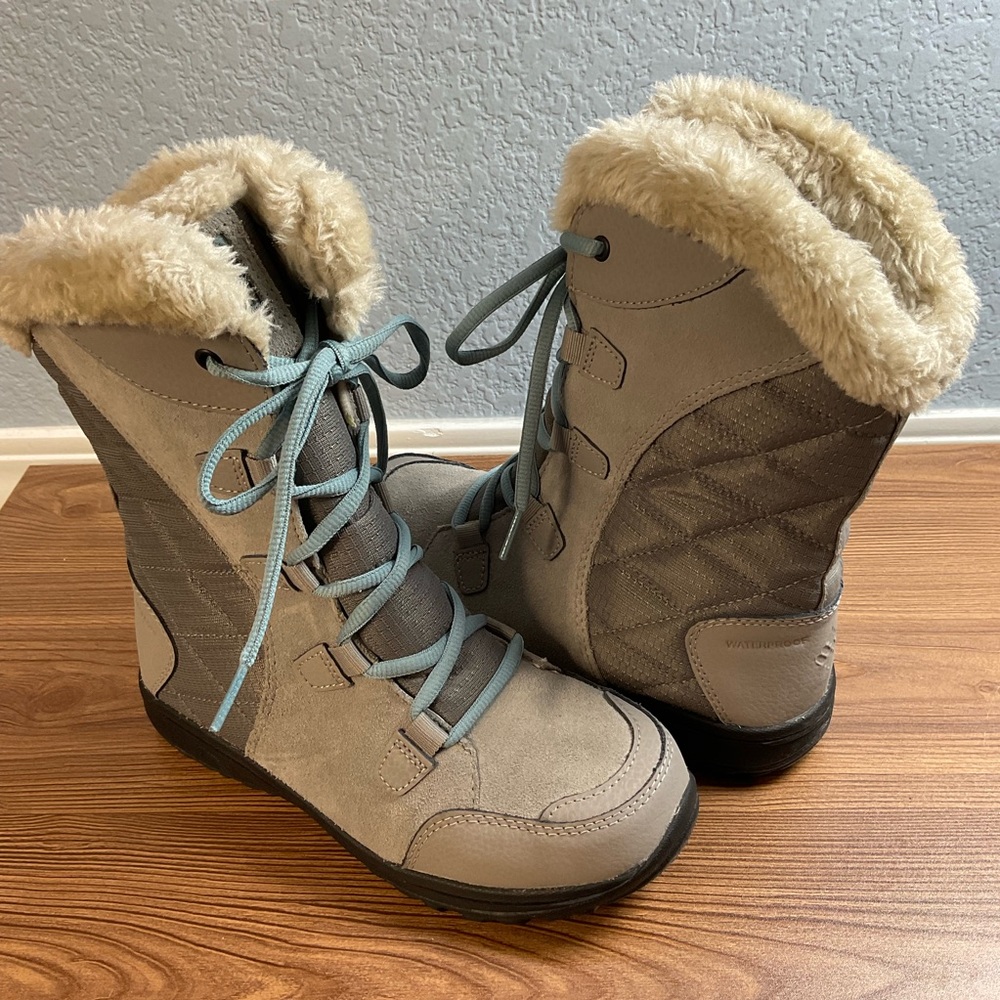 Columbia Ice Maiden Gray Boots with Faux Fur Lining size 6 Gray/Blue Waterproof